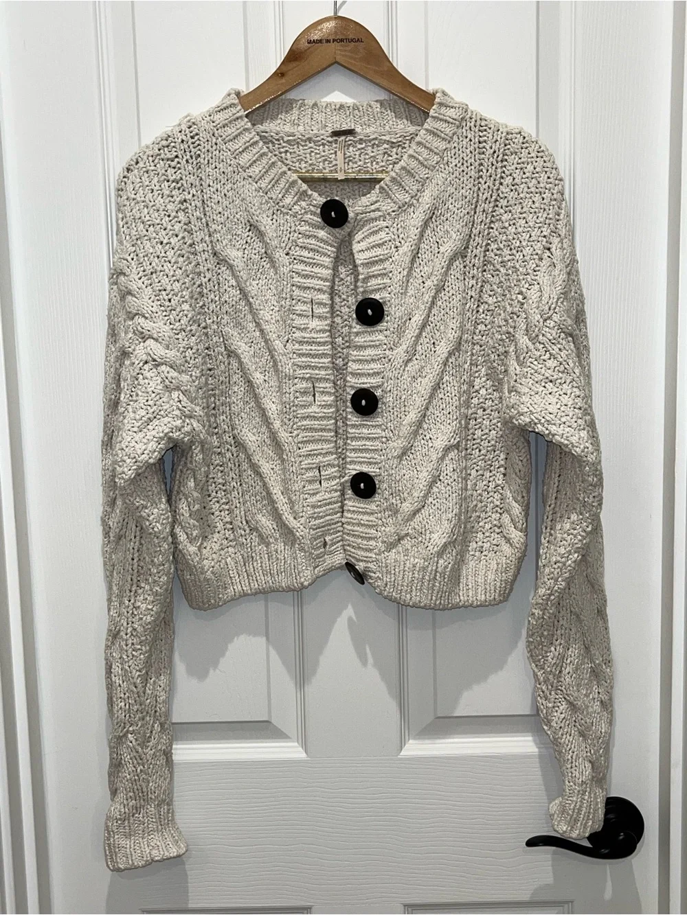 Free People Cream Cable-Knit Button Cardigan with Black Buttons
